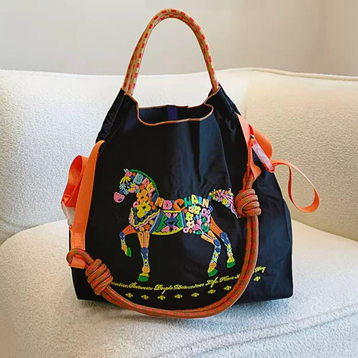 日系新款ballchain花朵马刺绣购物袋小众帆布包环保单肩斜挎包女