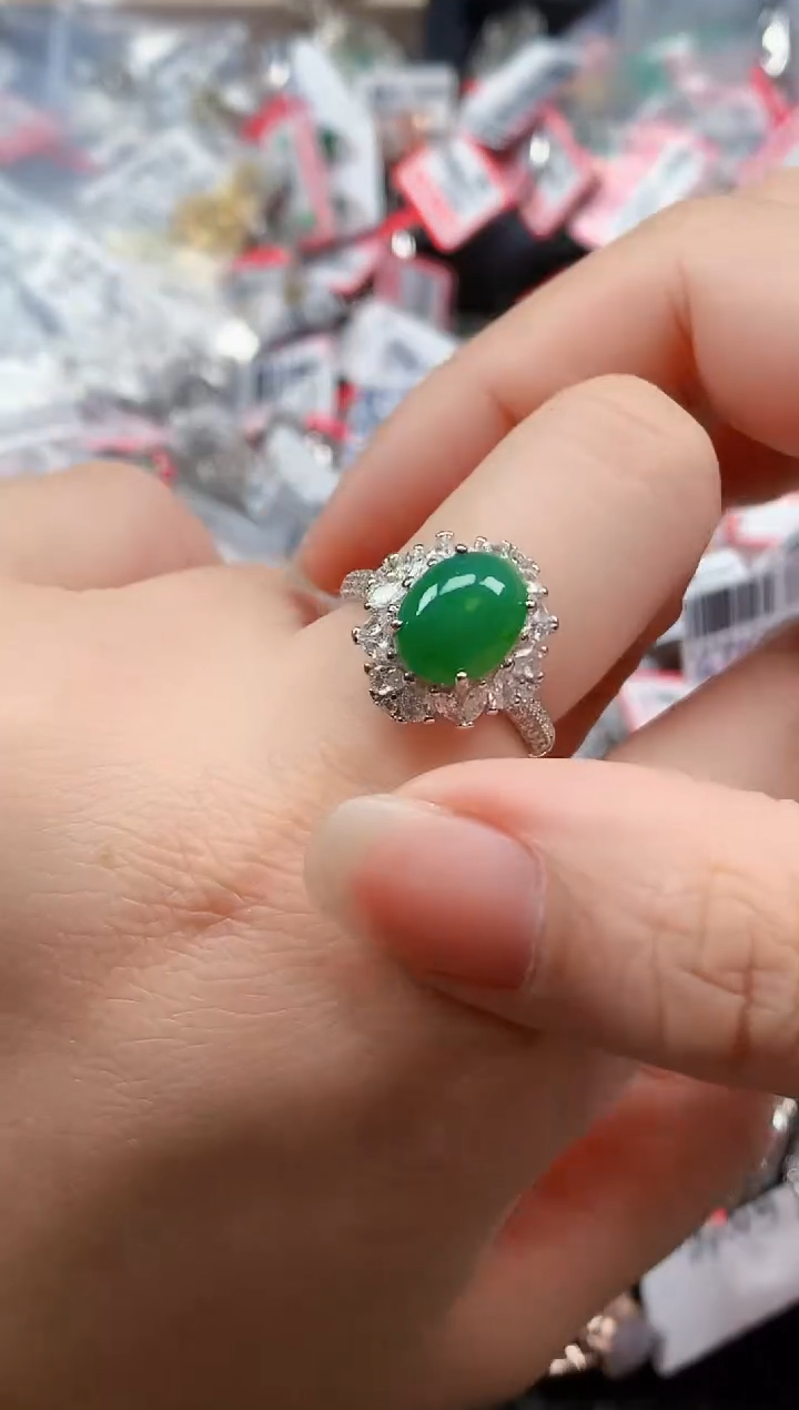 银S925镶嵌戒指翡翠天然A货缅甸翡翠