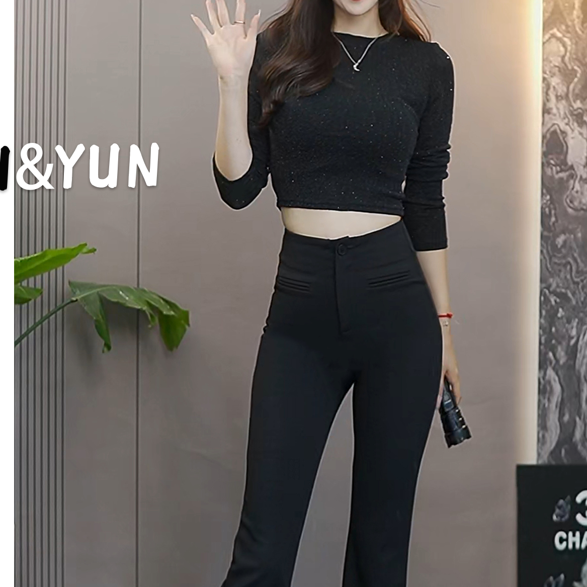 【后芸专属】修身圆领T恤女春季新款闪闪亮丝长袖时尚显瘦上衣休闲