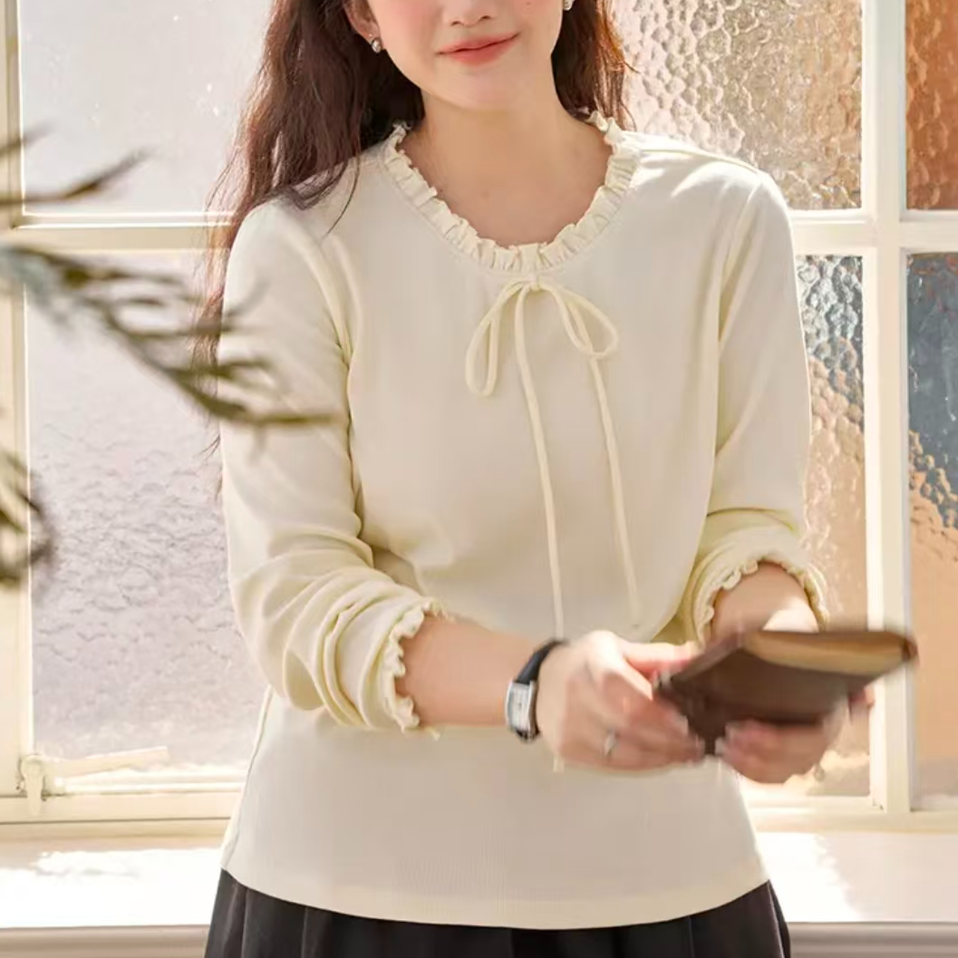 大码女装 德芙棉肌理木耳边绑带正肩秋季基础款长袖打底T恤女169