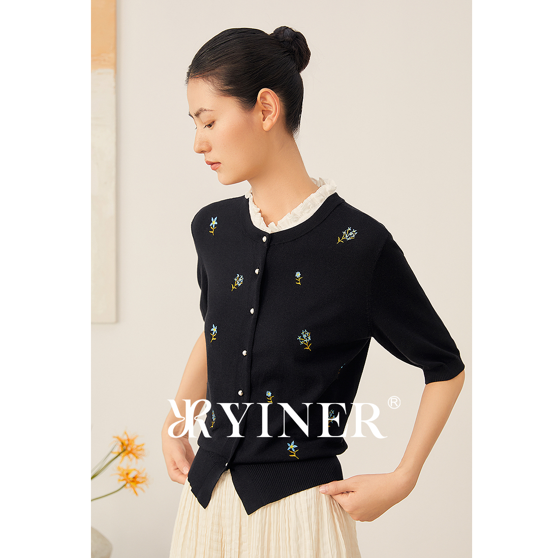 YINER音儿专选2025新款花束刺绣毛针织衫开衫8C65306036