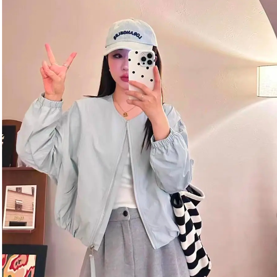 【欣欣】2025新款韩版纯色百搭上衣圆领棒球服休闲女外套-9803