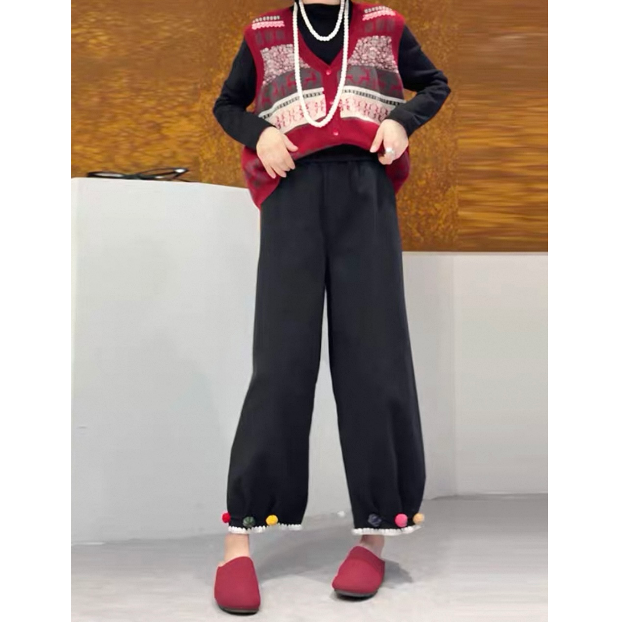 冬季新款彩色花朵裤脚大码女装九分裤