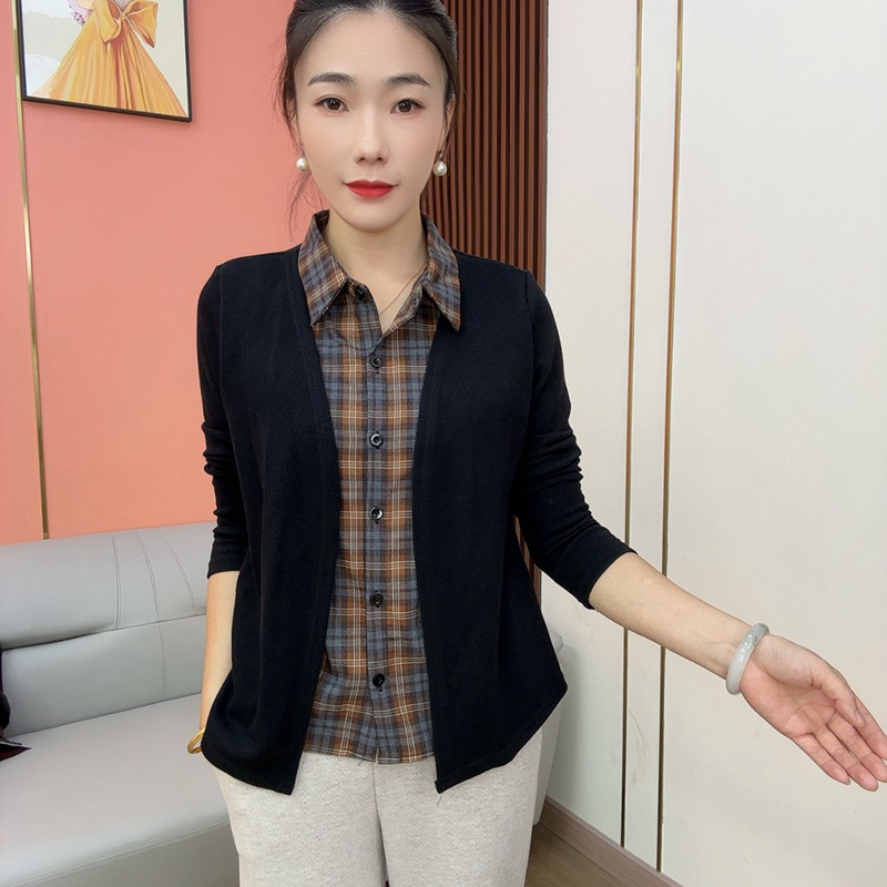 2025秋季新款假两件设计感小衫拼接格子长袖显瘦衬衫女