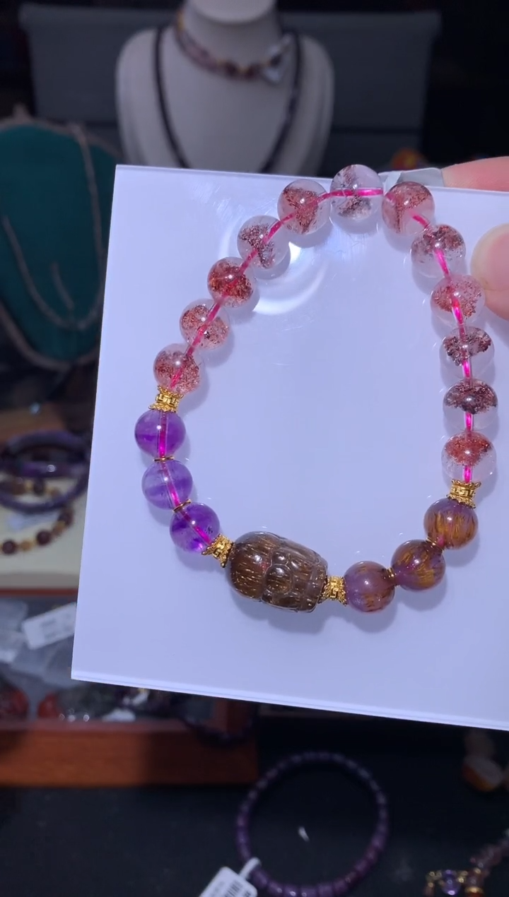 未镶嵌珠宝半成品水晶平***?超七金草莓圆珠手串