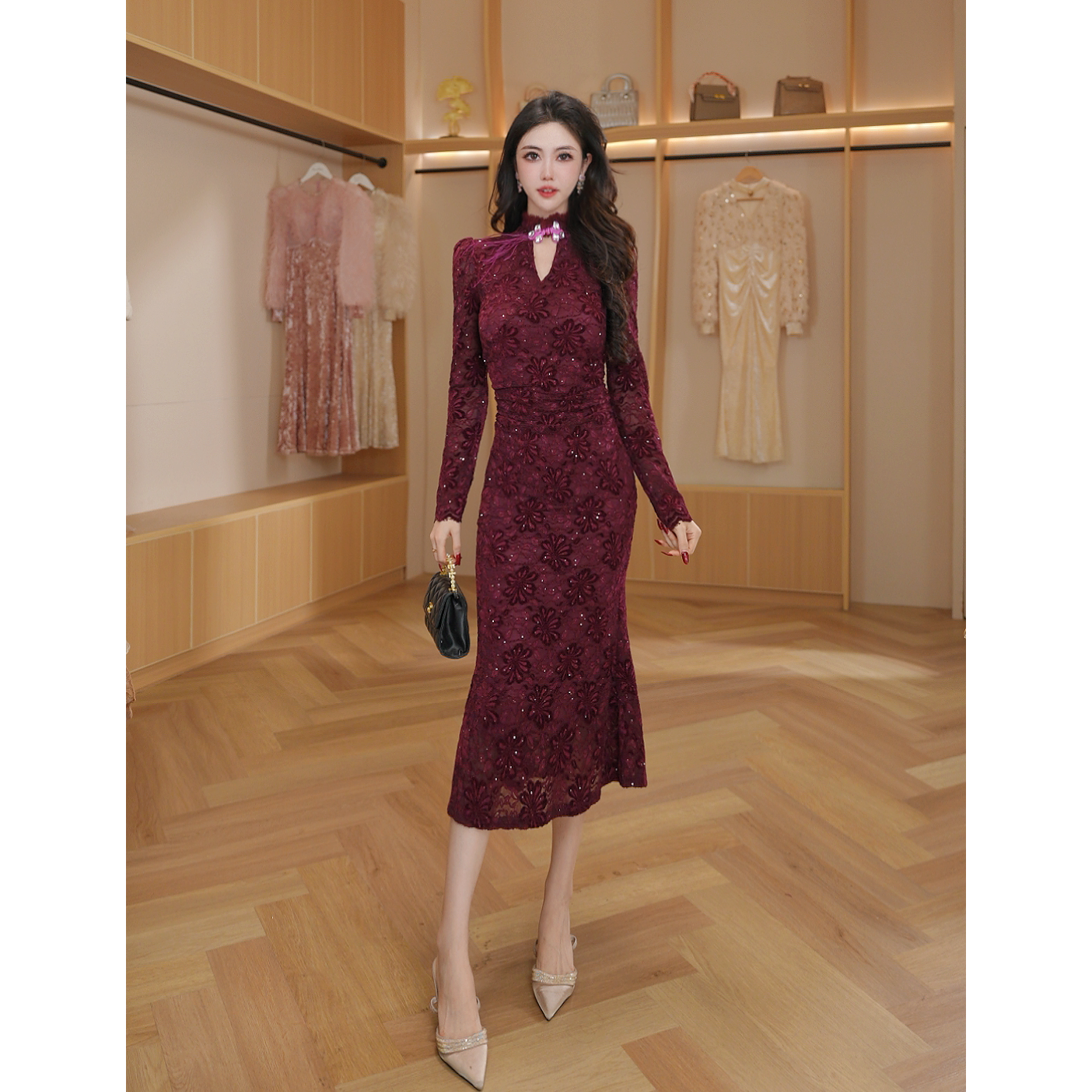 【琼仪定制】秋冬中长款中式复古蕾丝收腰修身显瘦连衣裙22010