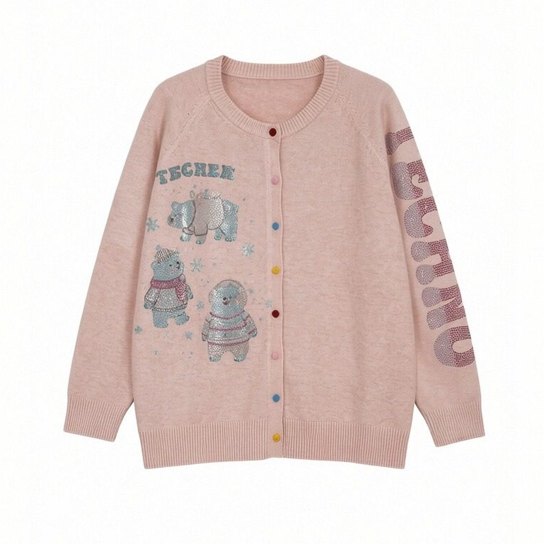 TCH【时尚百搭】冬款时尚烫钻粉色休闲风女装针织开衫T78A43E5001