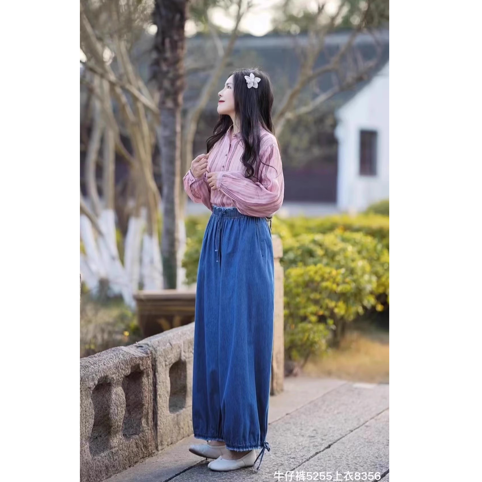 19737小莲~裤脚抽绳可以两穿全棉牛仔裤高腰显瘦阔腿裤灯笼休闲裤