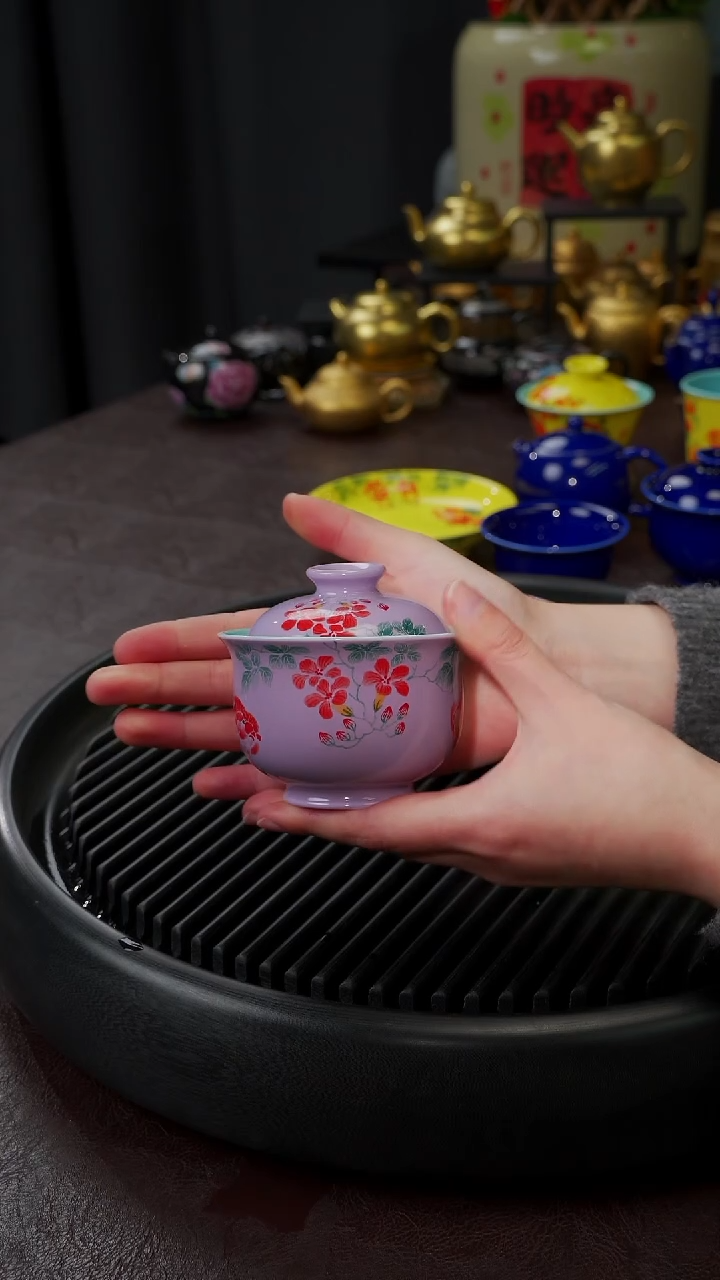 【闪购商品】杯【宜景窑烟幕紫系列】手绘盖碗