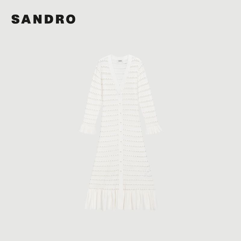 SANDRO2025秋冬法式白色茶歇系珠饰木耳边针织连衣裙SFPRO04203