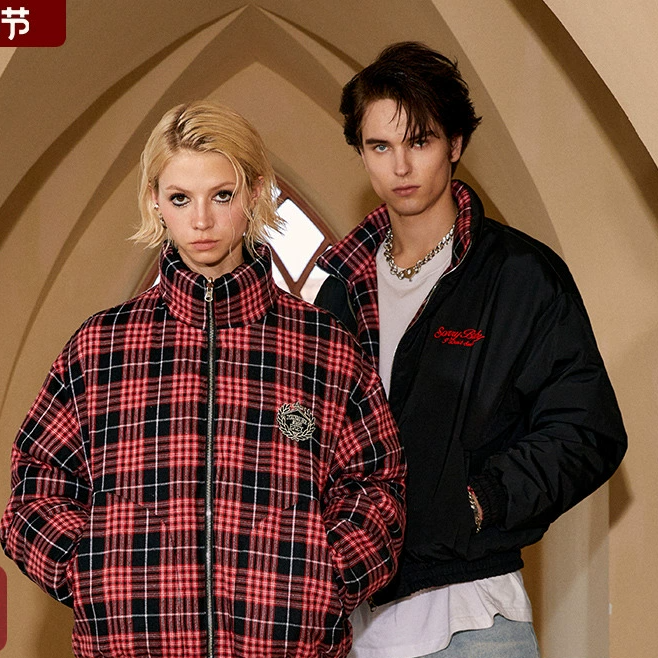 新年特惠【两面穿】DONSMOKE美式街头一衣两穿格纹刺绣宽松休闲棉服