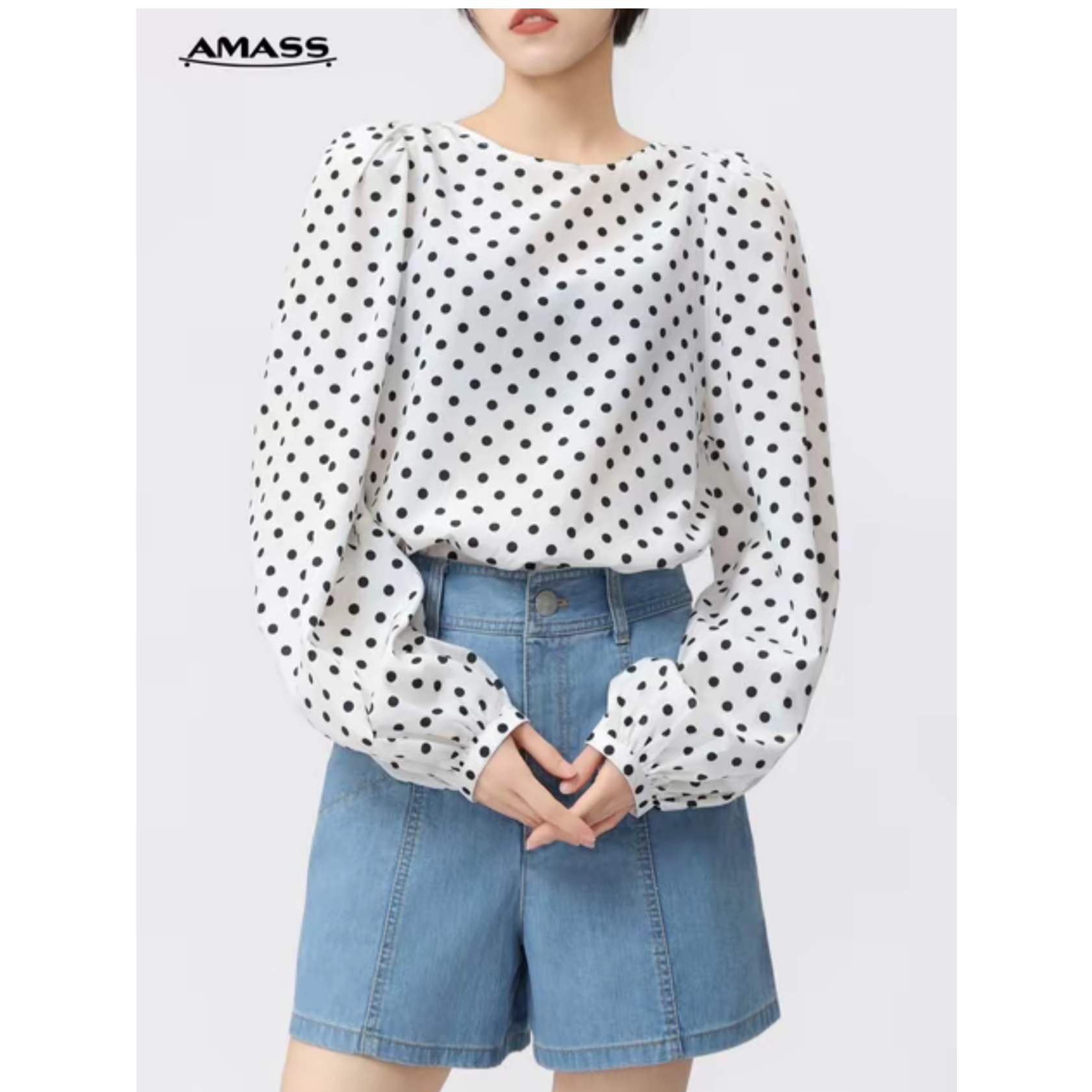 AMASS/阿玛施新款长袖气质时尚圆领休闲百搭波点衬衫5301128