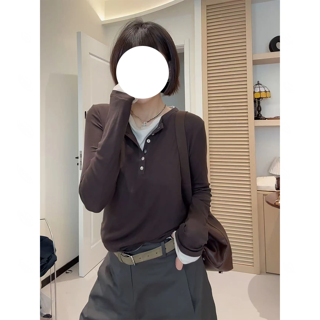 【梦影留痕】同色系假两件圆领长袖简约打底T恤女上衣