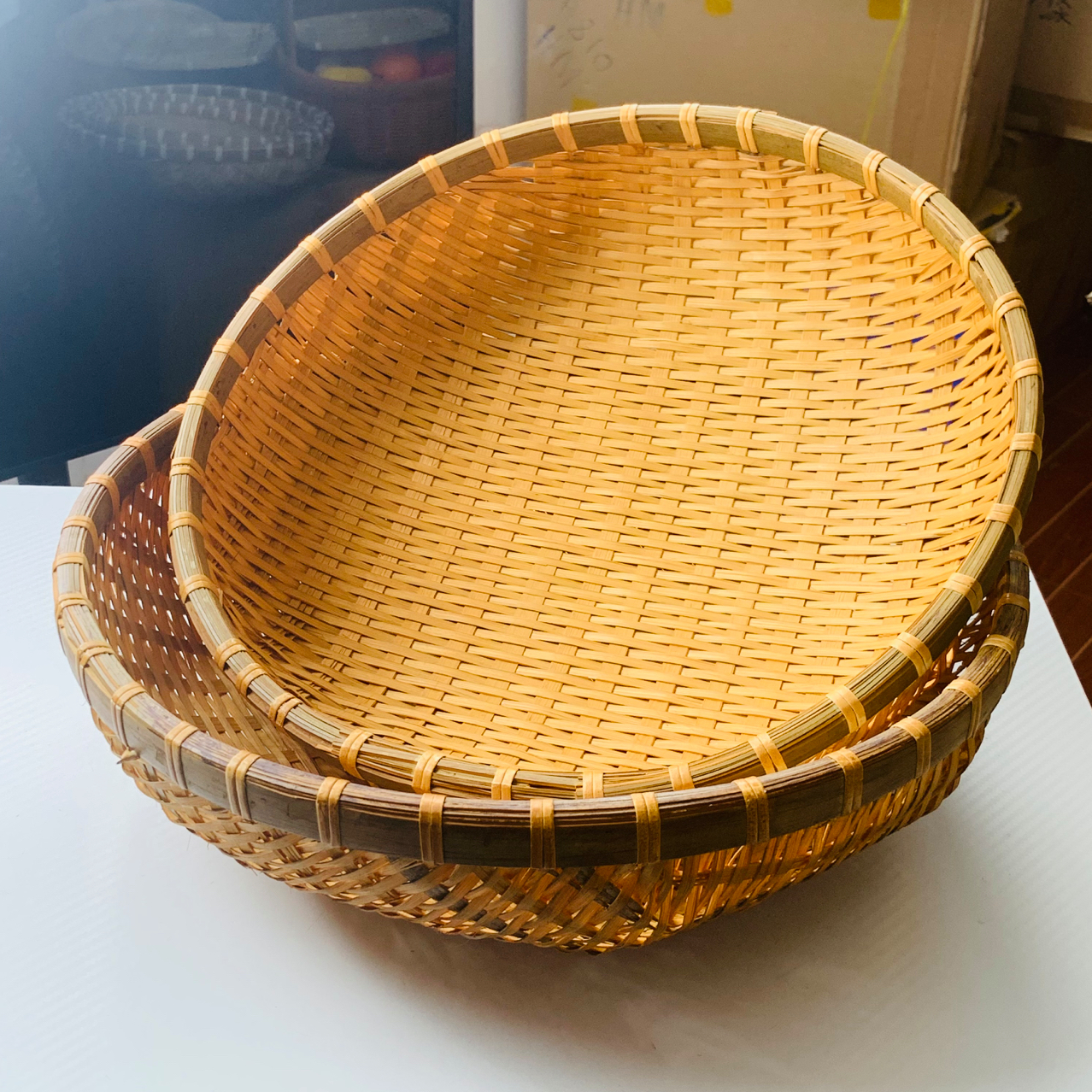 Y密编烟熏竹编馒头筐 发2个33+36厘米
