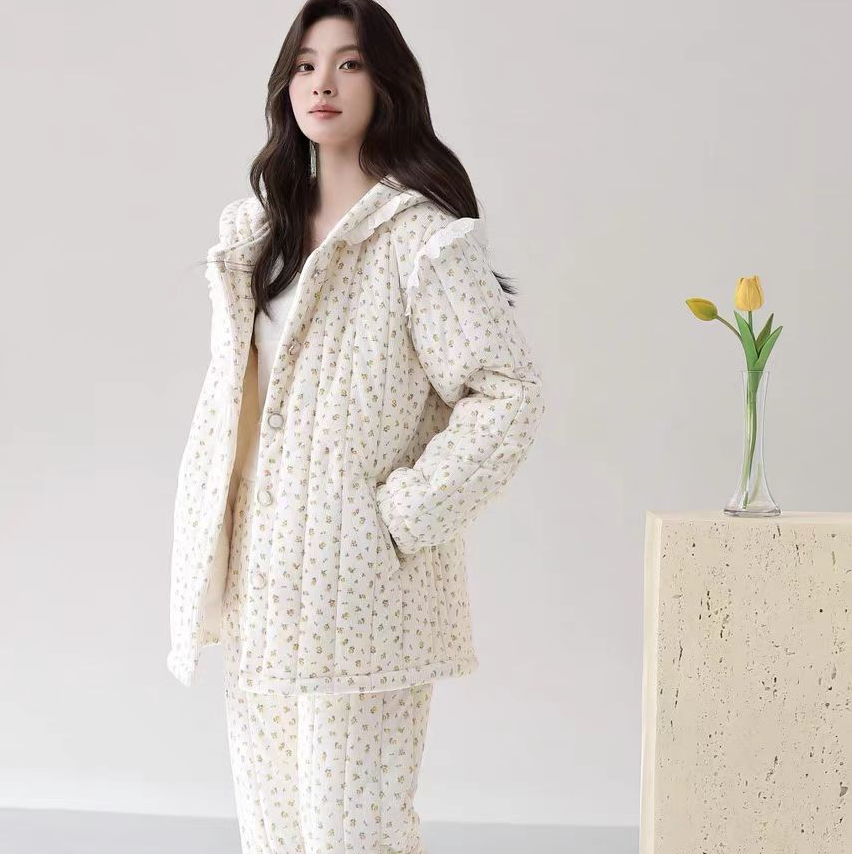 冬季加菲绒三层夹棉超柔超暖女士睡衣家居服套装
