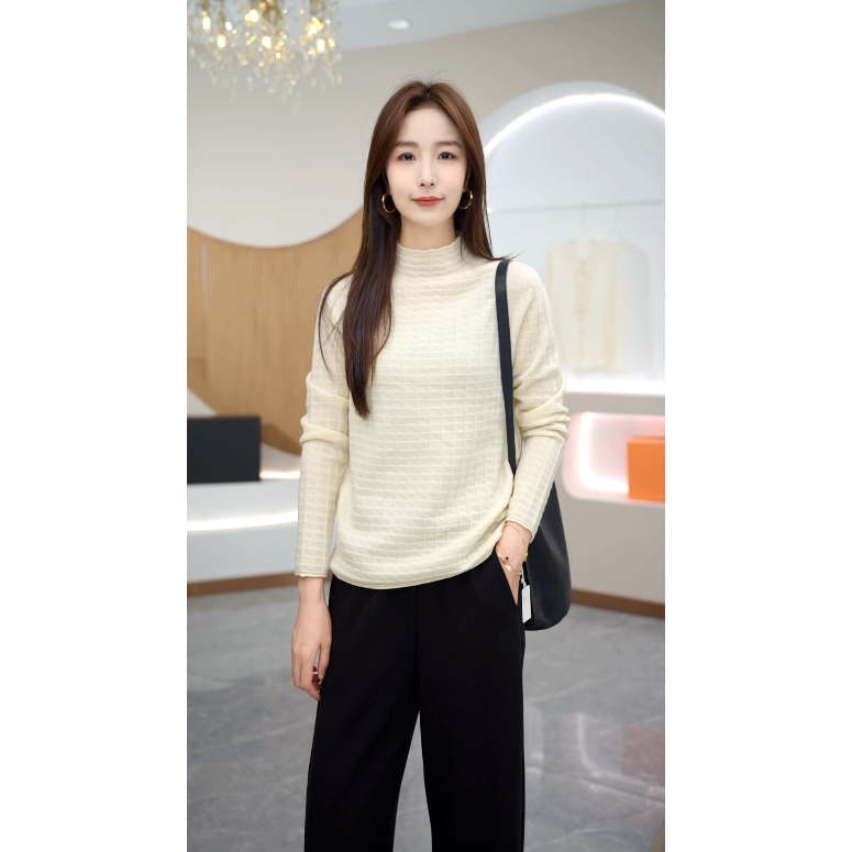 R H 【华夫格】2025秋冬新款纯色精纺羊毛针织衫毛衣E668682