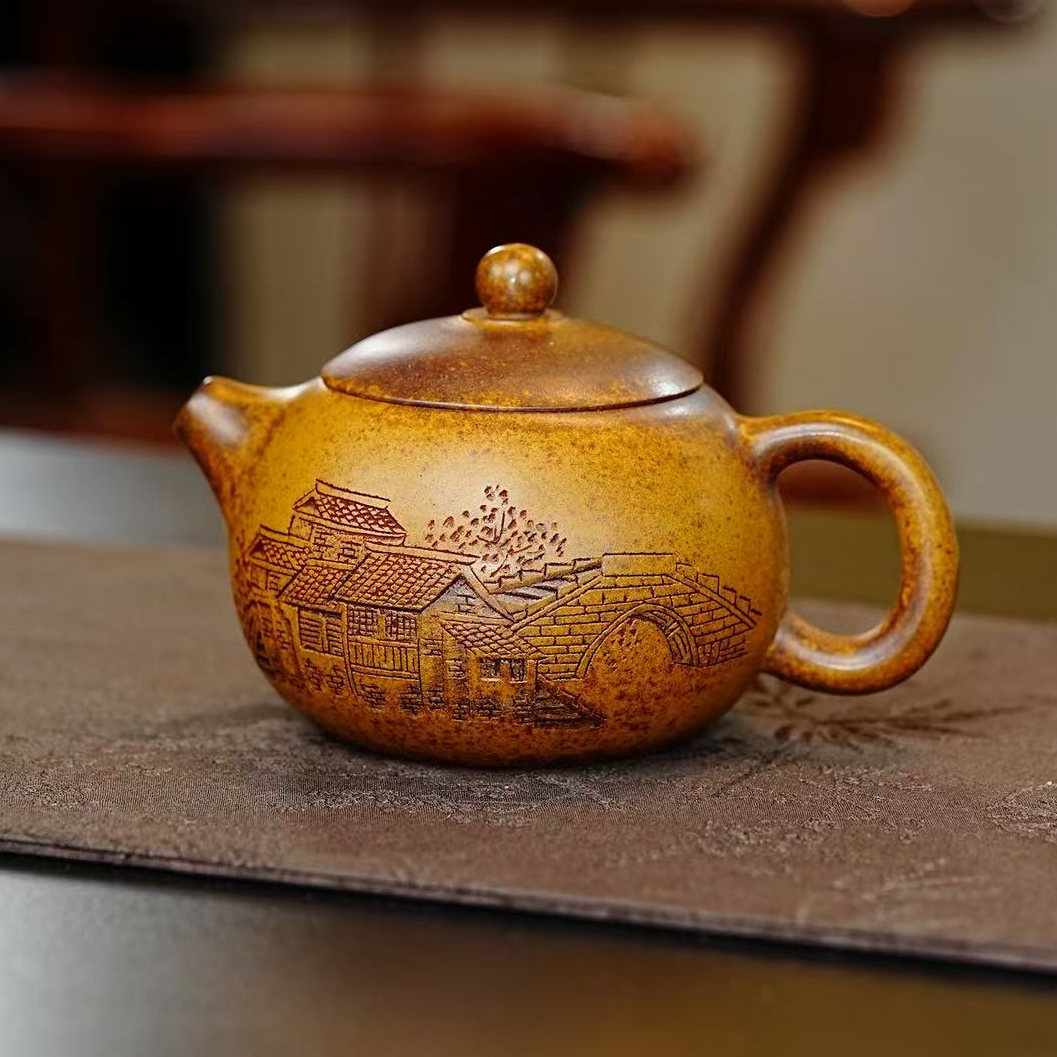 宜兴茶具龙骨金砂 柴烧 刻绘上善若水西施紫砂壶