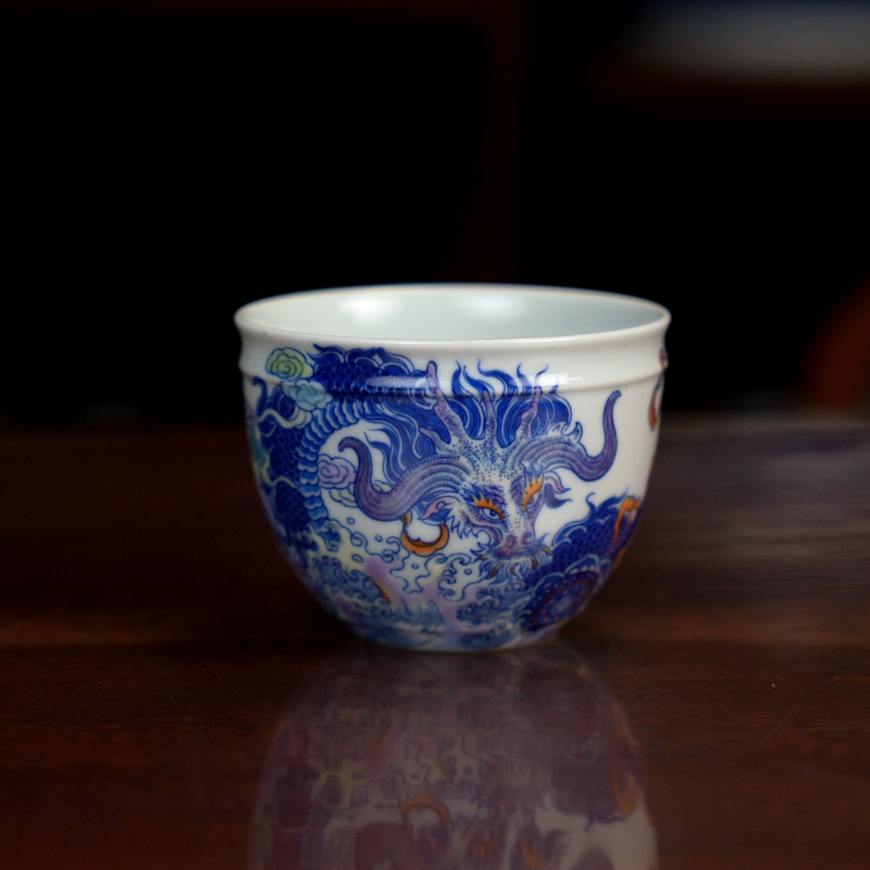 空山明月青花斗彩囚牛主人杯景德镇陶瓷茶具海水纹囚牛缸杯茶杯