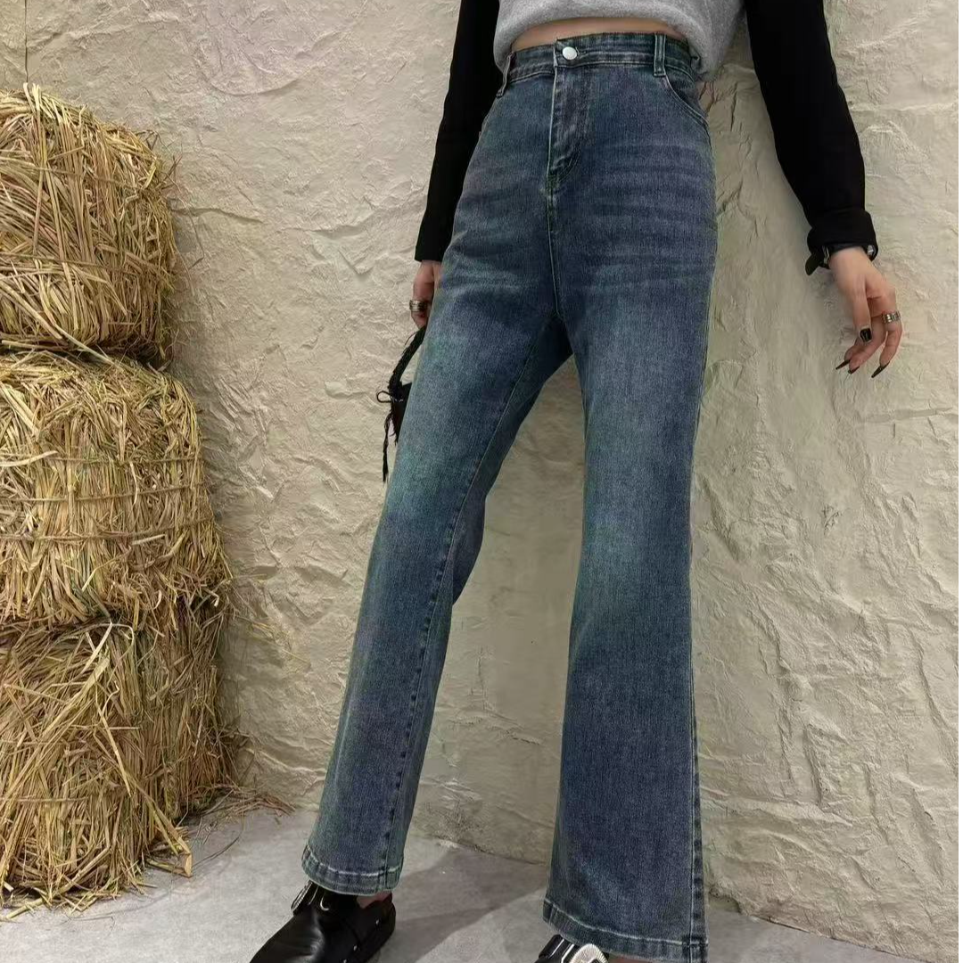 极简风高腰高街风休闲牛仔裤小微喇裤子蓝色九分裤春季时尚