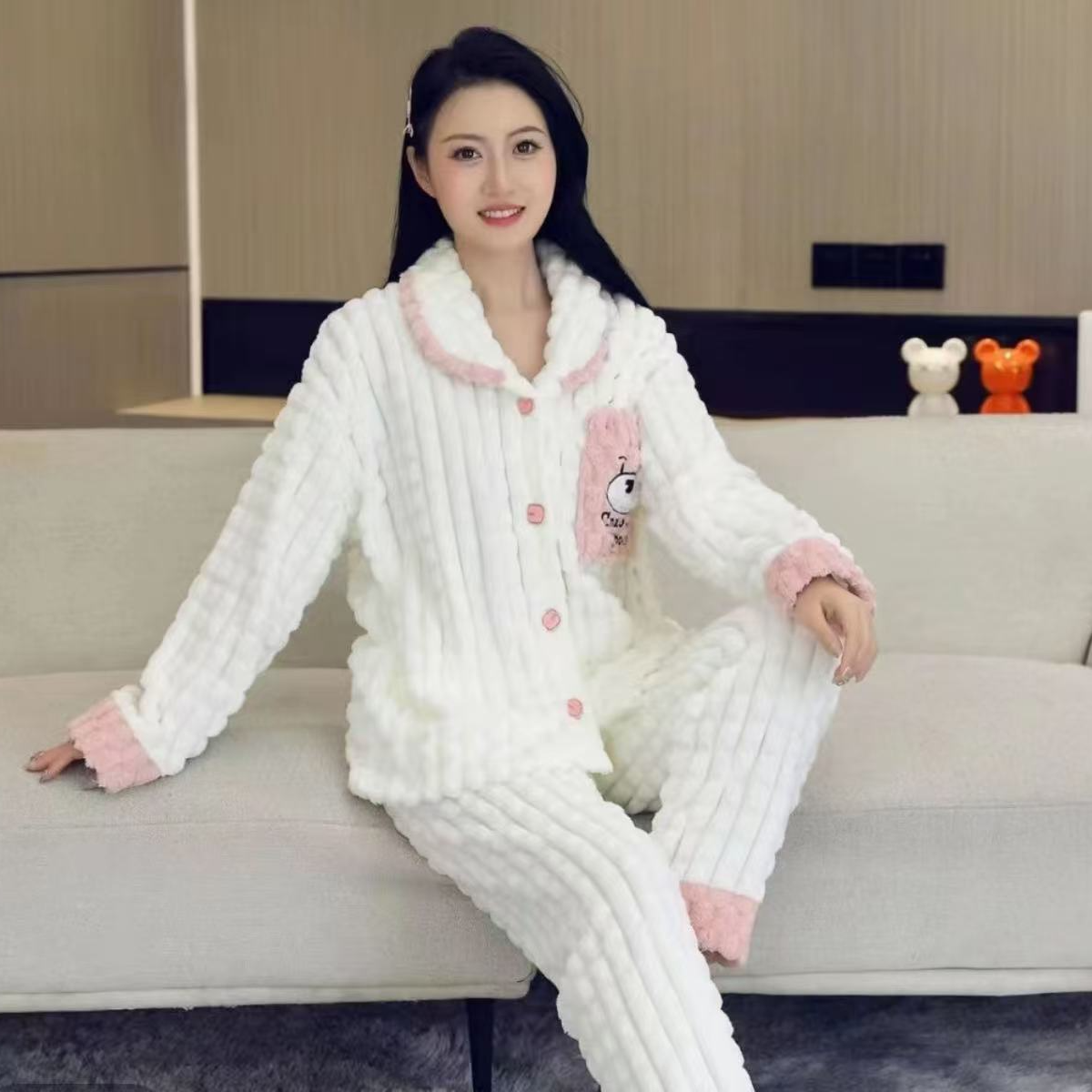 加厚睡衣女士大码长袖韩版可爱舒棉绒套装加绒波点家居服睡衣套装