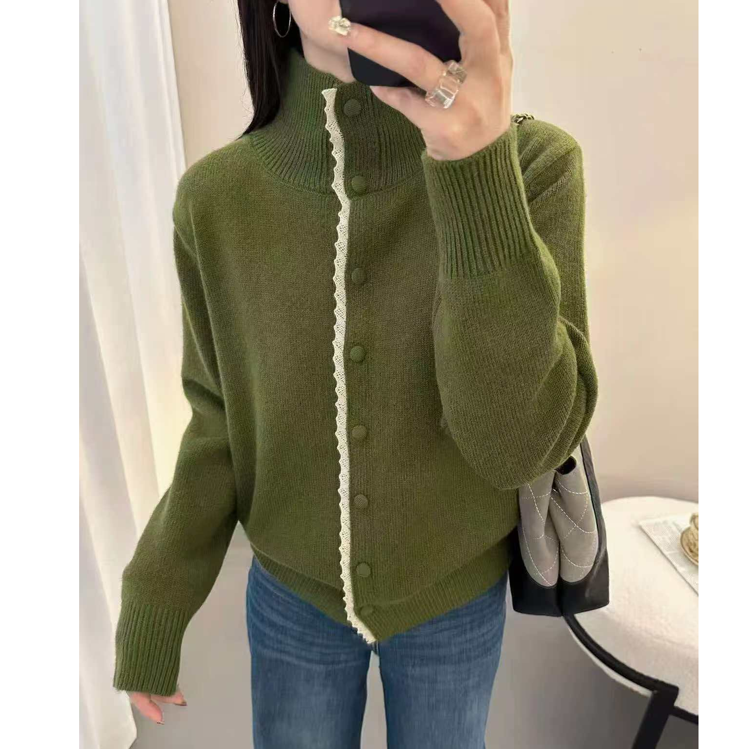 三妹家~冬季新款高领蕾丝边拼接立领减龄开衫女