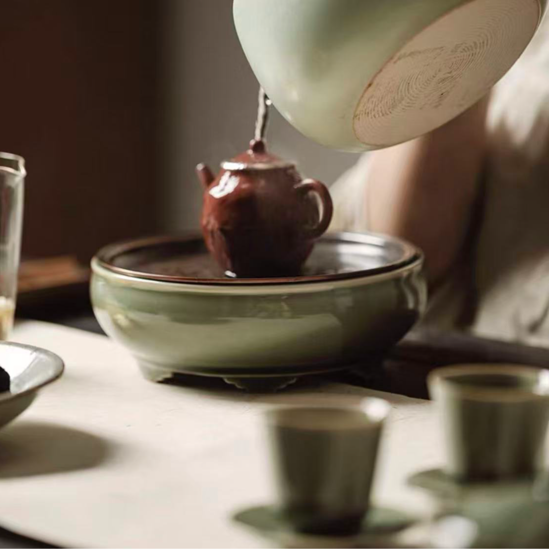 【越窑青瓷六鼎壶承】龙泉青瓷六鼎壶承蓄水分离式泡茶承双层480ml