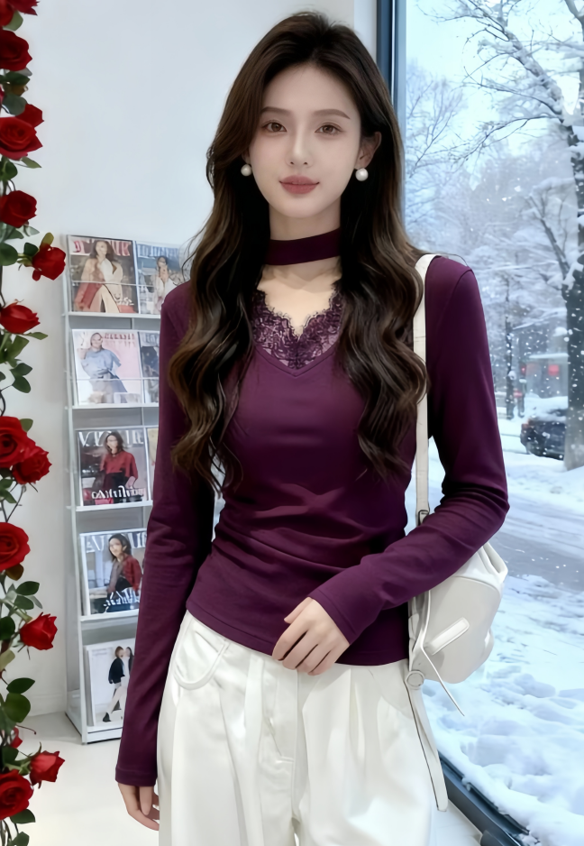 【加绒】秋冬纯欲风蕾丝V领T恤女修身显瘦网红拼接长袖内搭打底衫