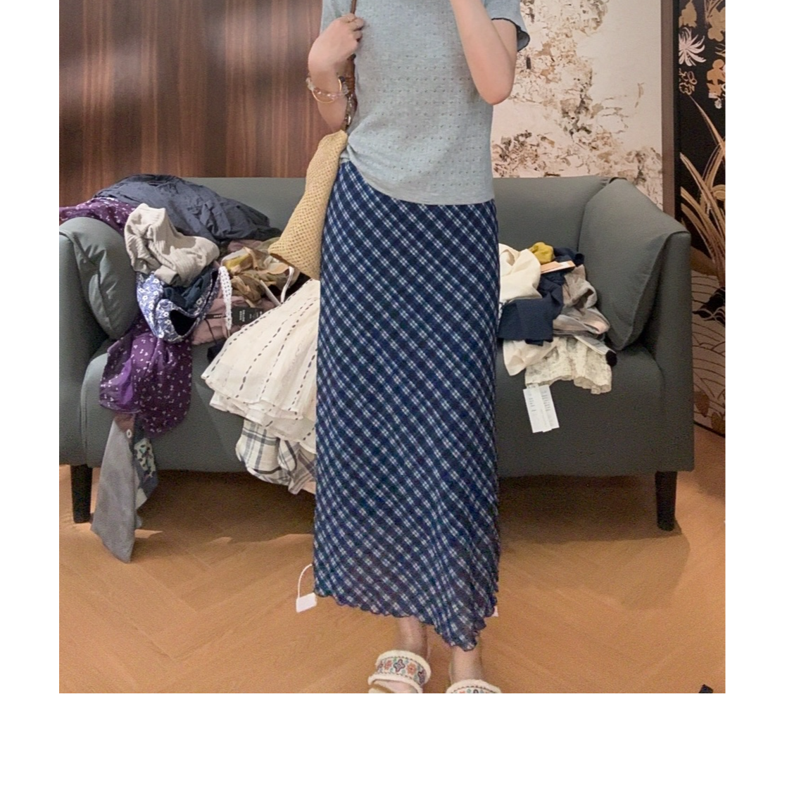 【LIbaibai】夏装2025年新款高腰直筒格纹半身裙BB-2155