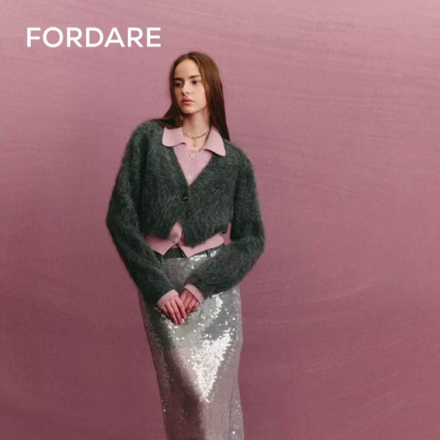 郑合惠子/刘美含同款FORDARE24长毛灰粉假两件毛开衫 2430M42246