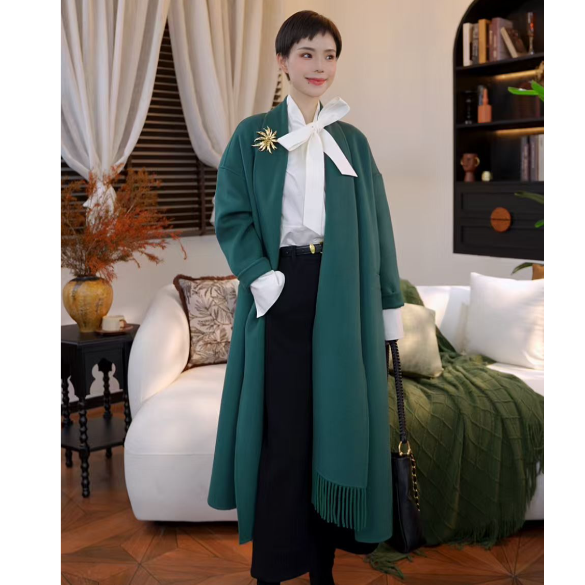 【橙蜜客】碧苔仙帷 雅致廓形拼接围巾羊毛呢长款大衣2554D000623