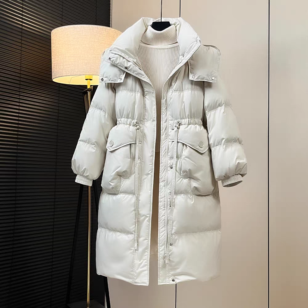 2025冬装新款韩版收腰显瘦连帽加厚羽绒服女长款过膝手套款外套