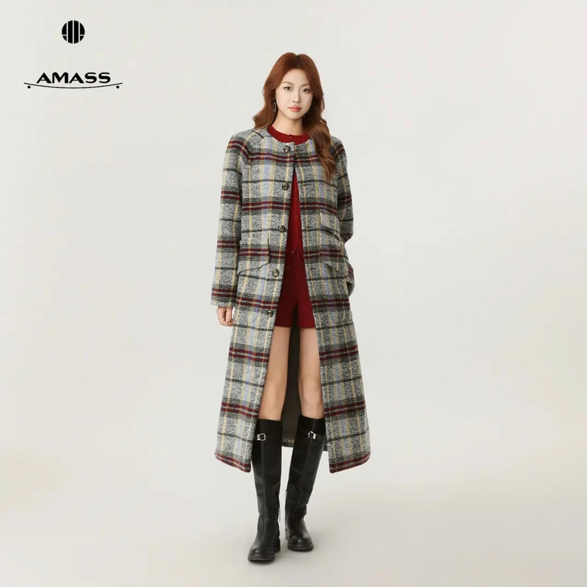 AMASS/阿玛施女毛呢外套复古小香风粗花呢羊毛大衣保暖秋冬540093