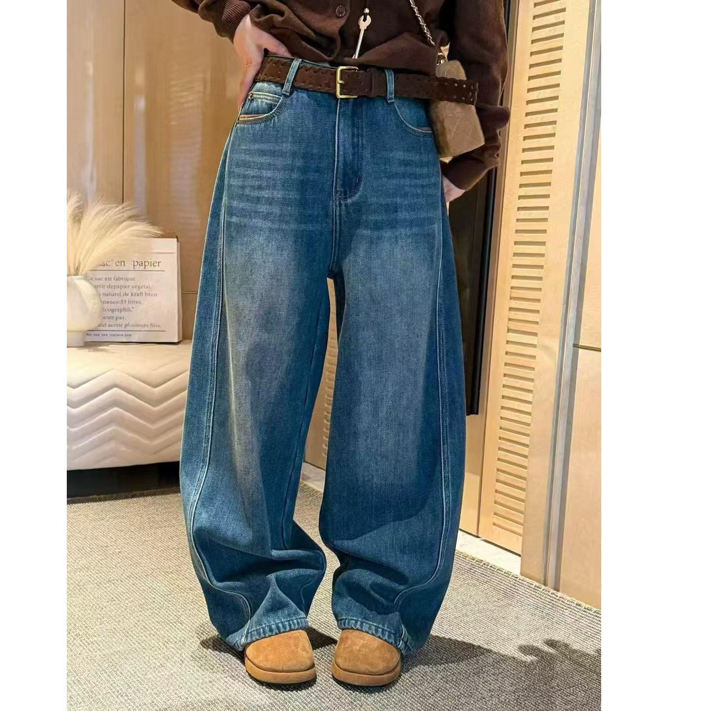 欧洲站2025冬季高腰显瘦加厚复合绒阔腿牛仔裤女宽松直筒拖地裤子