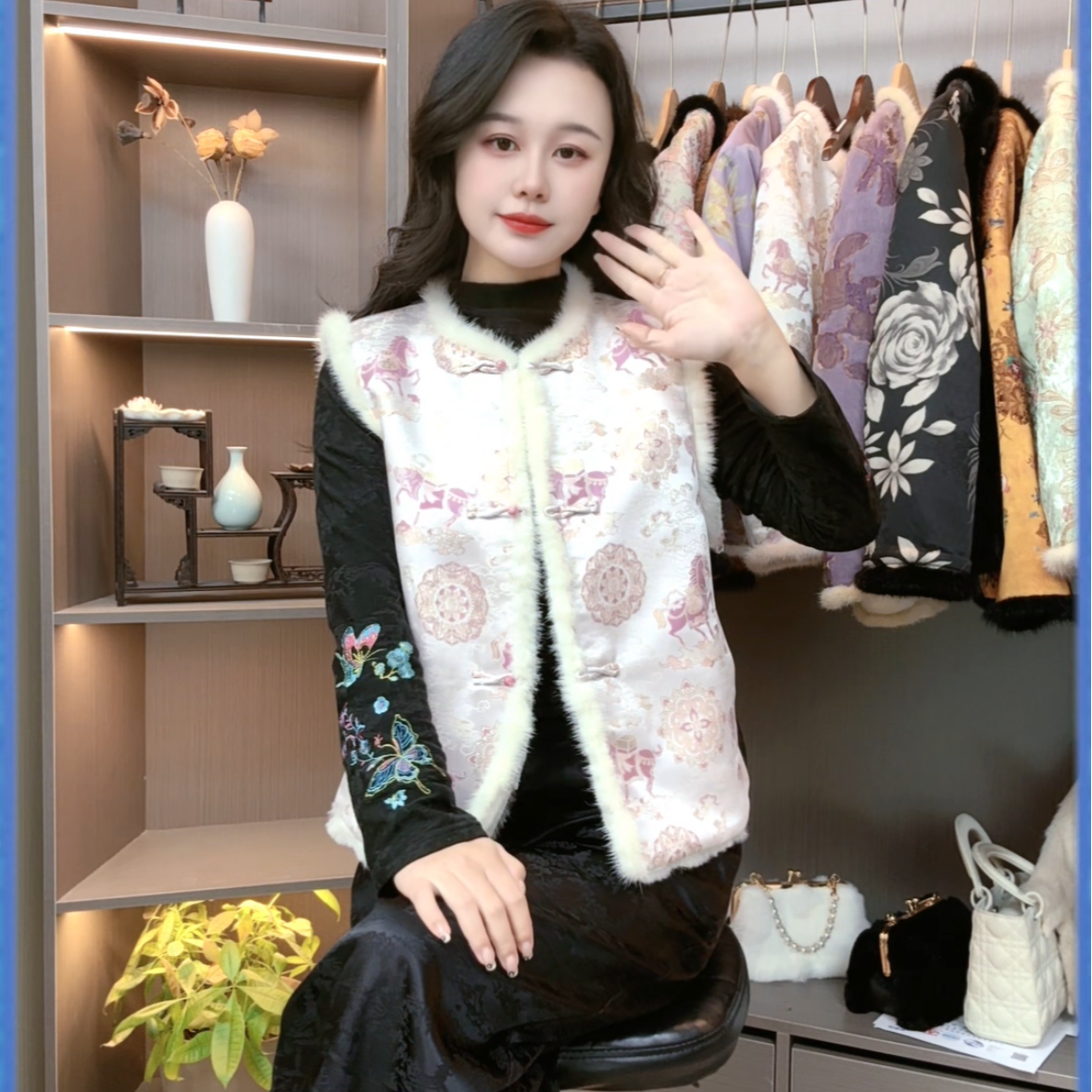 新款气质国风保暖两面穿水貂皮毛一体加厚冬季柔软保暖马甲S009