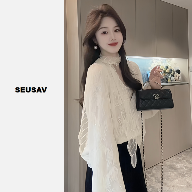 【笙箫家】仙女亮片蕾丝飘带套头衫2025新款单穿打底衫