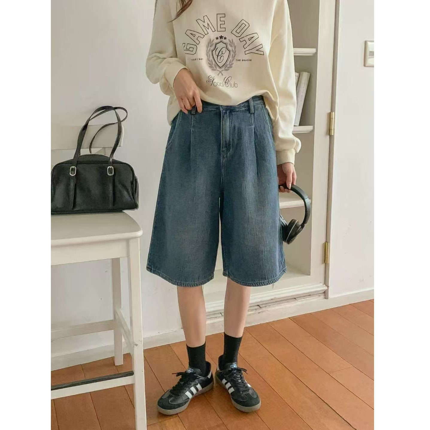 【东大门精选】秋季新款皮筋腰 褶皱宽松百搭牛仔短裤
