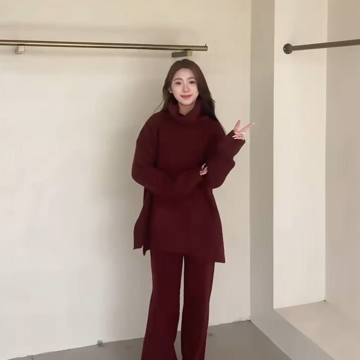 秋冬新款慵懒风小众轻奢高领羊绒针织套装显高百搭