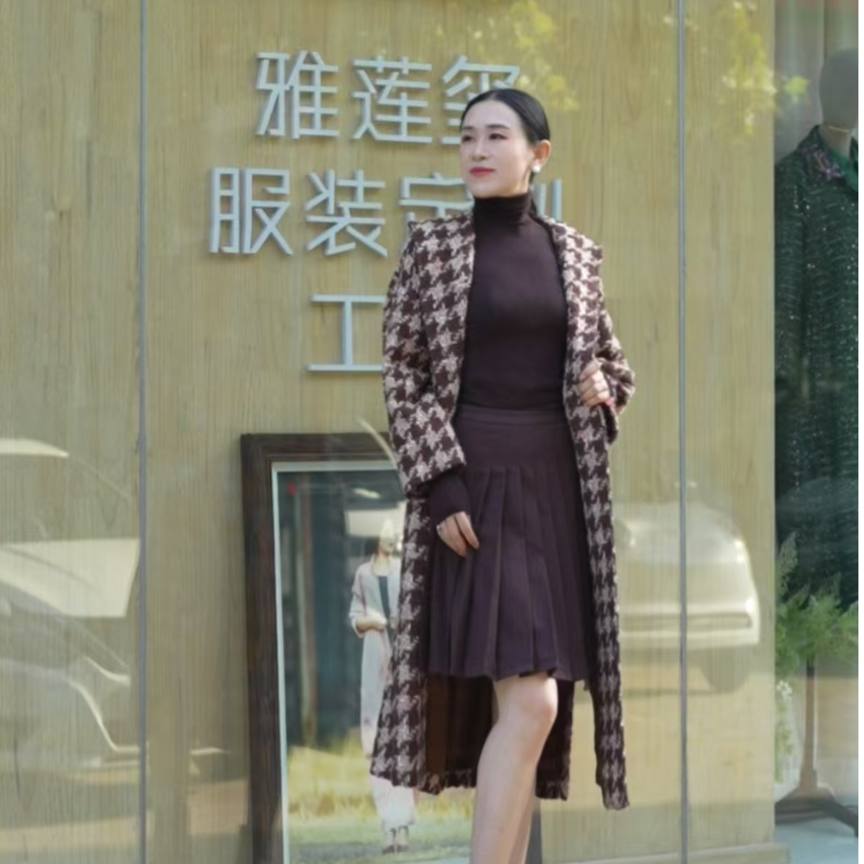法式做旧格子宽松带帽外套女装千鸟格风衣