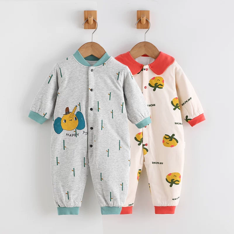 YI拉拉秋冬薄棉新生儿爬服哈衣宝宝加棉开档连体衣文明档棉衣