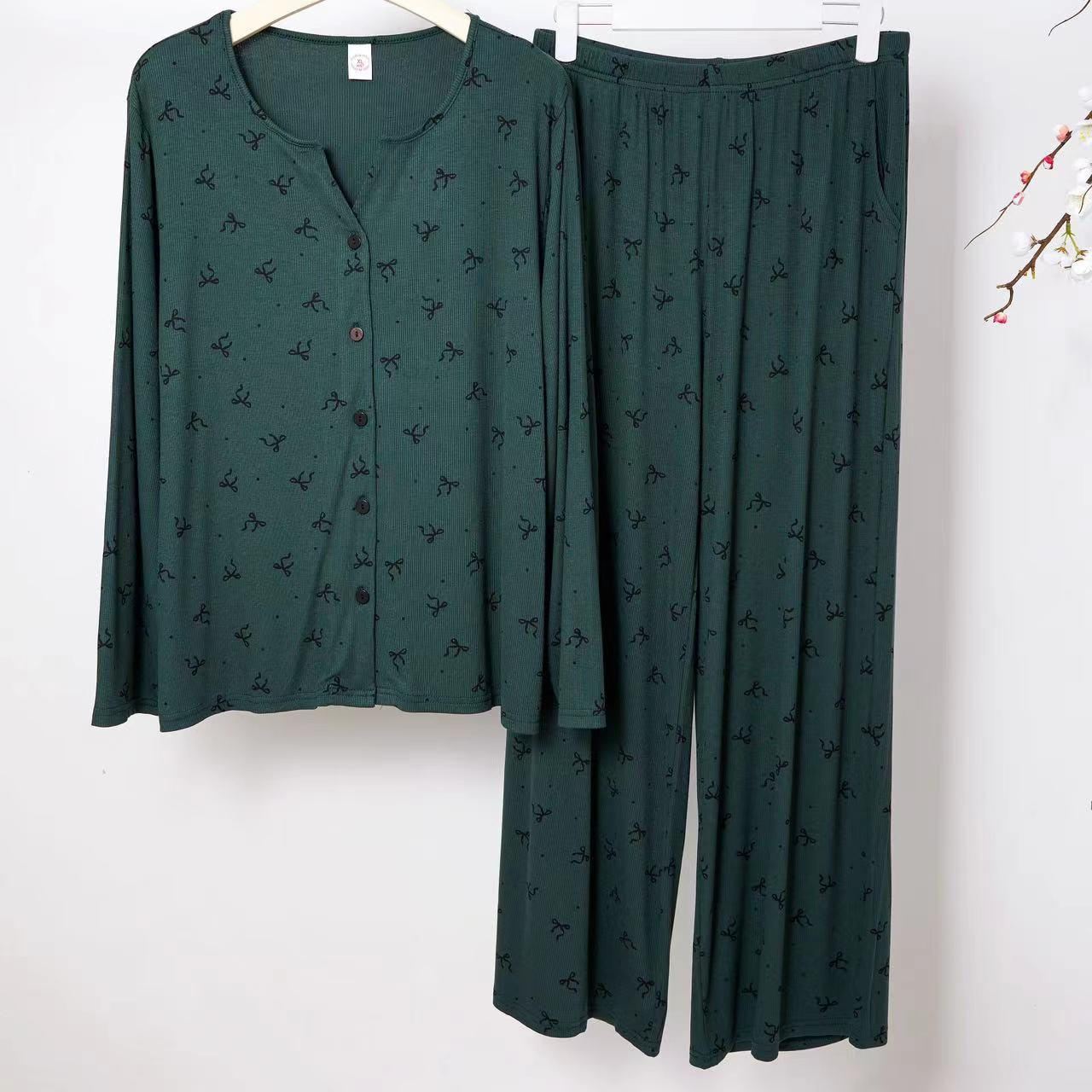 秋季家居服套装螺纹莫代尔印花长裤时尚长袖气质上衣睡衣