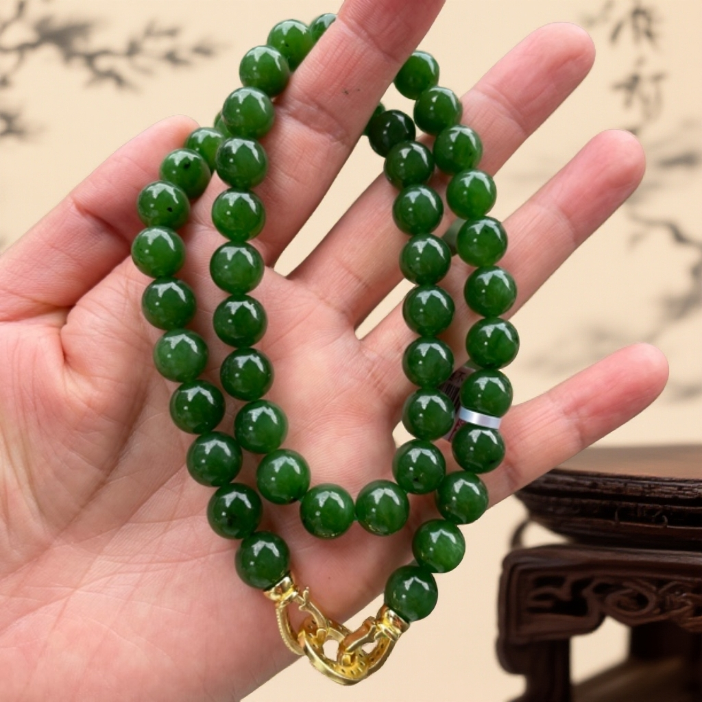 纯天然俄罗斯和田玉碧玉项链辣绿妈妈链卡10圆珠轻奢国风中秋送礼