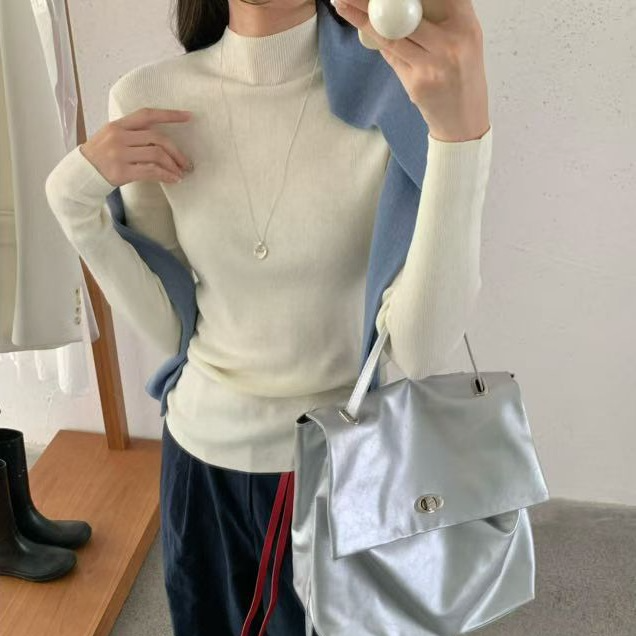 秋冬修身半高领羊毛针织打底衫