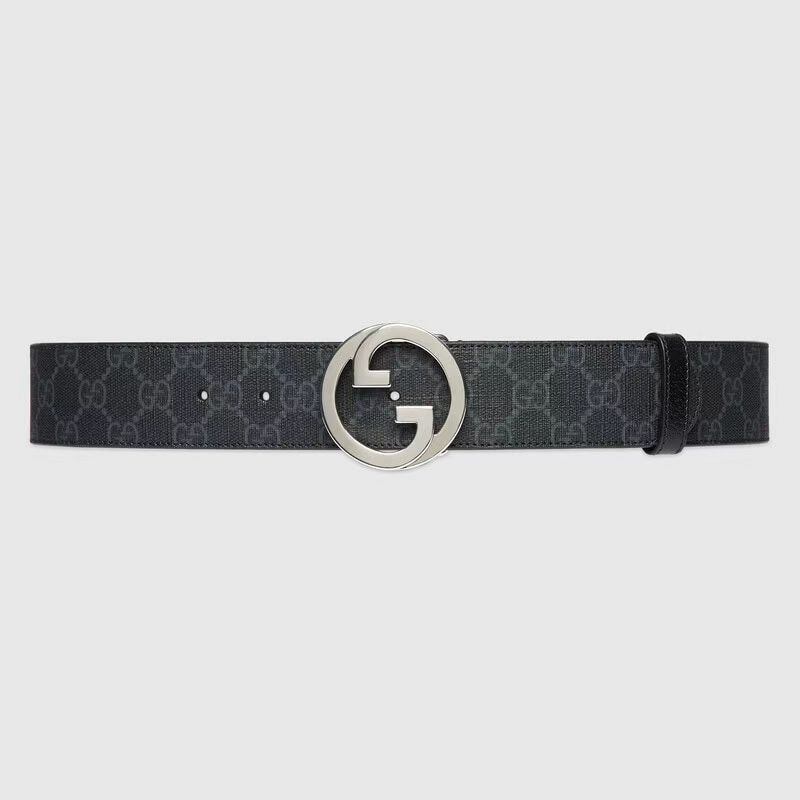 99新 GUCCI/古驰 银标小双G印花黑色腰带 4CM宽 经典百搭时尚休闲