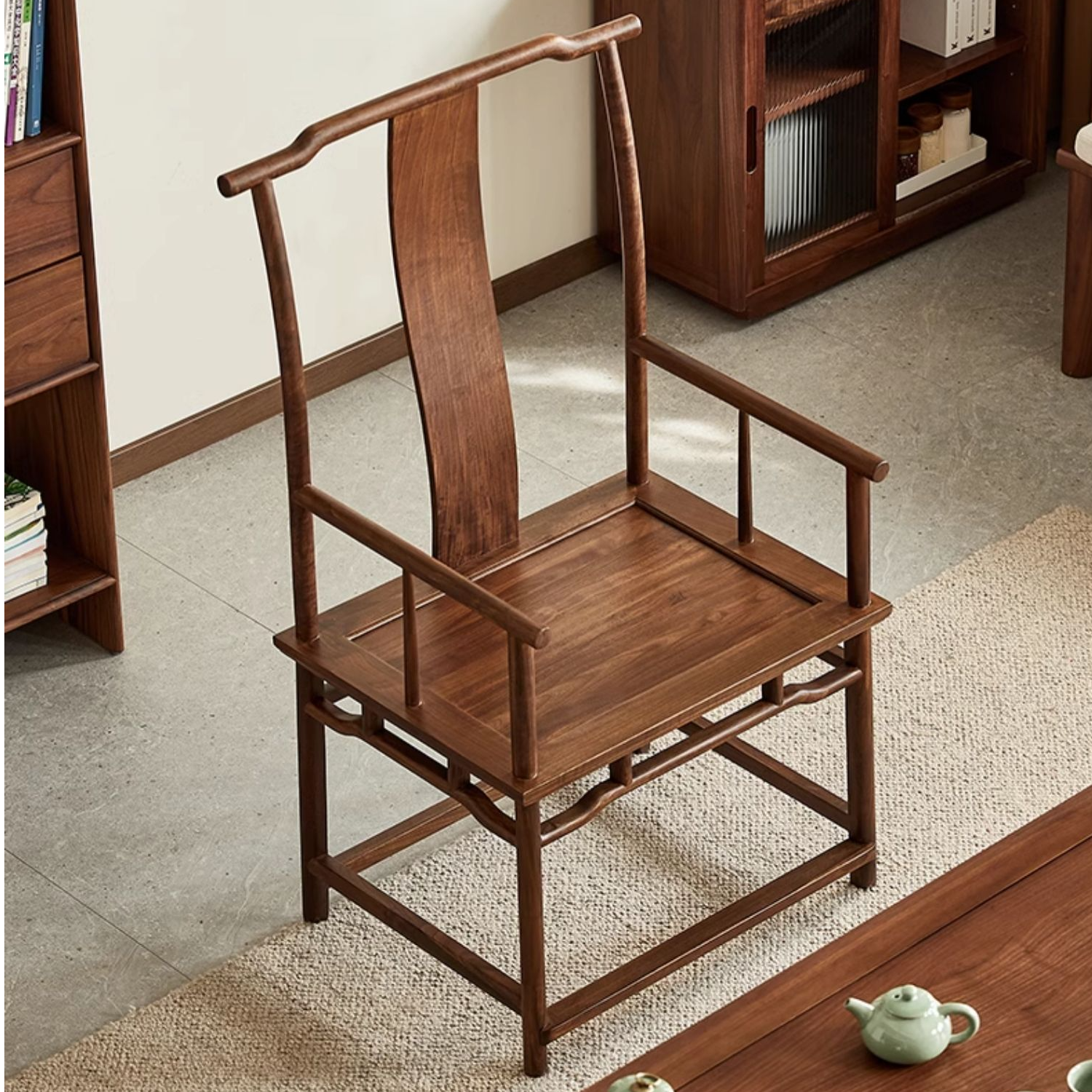 北美黑胡桃木官帽椅新中式主人椅家用茶室全实木高靠背茶椅