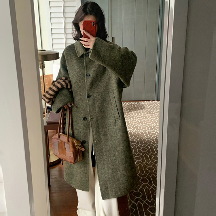 秋冬季百搭绿色长款翻领外套韩版街头风羊毛大衣呢子过膝单排扣