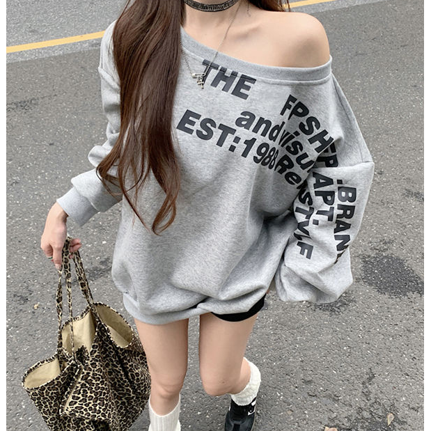 斜肩字母2025美式设计感长袖卫衣女辣妹宽松学生慵懒风秋冬百搭女