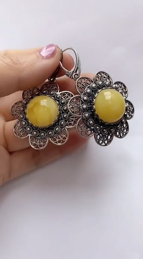 【闪购商品】琥珀裸石银S925镶嵌蜜蜡耳坠