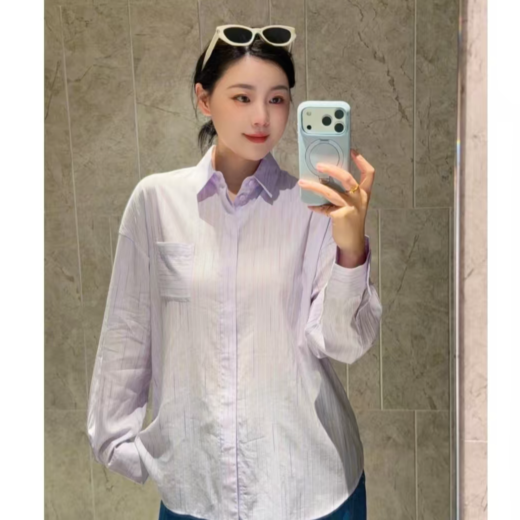 GIRDEAR/哥弟早春新款彩色条纹粉雾漫漫慵懒长袖宽松衬衫1300989