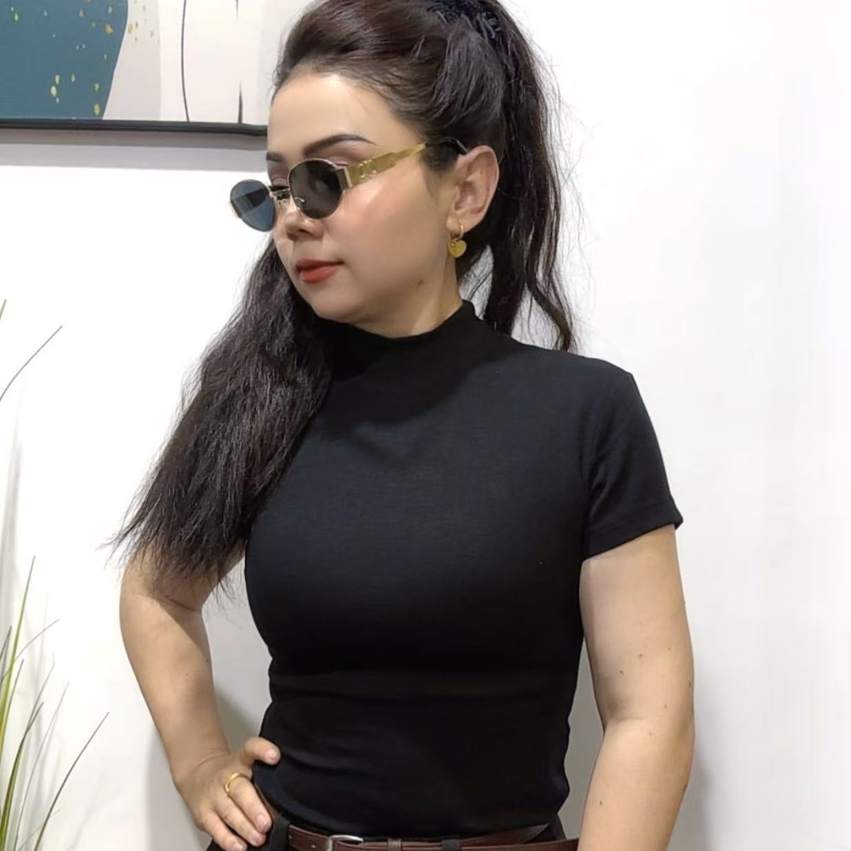 女款透气常规短袖街头风烫印扎染T恤针织时尚半高领秋冬