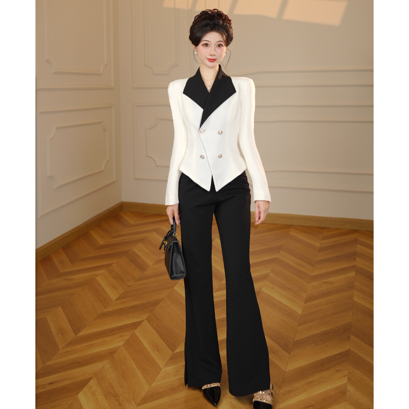 【张小小】【两件套】【有里布】显瘦气质极简拼接名媛外套+长裤D3837